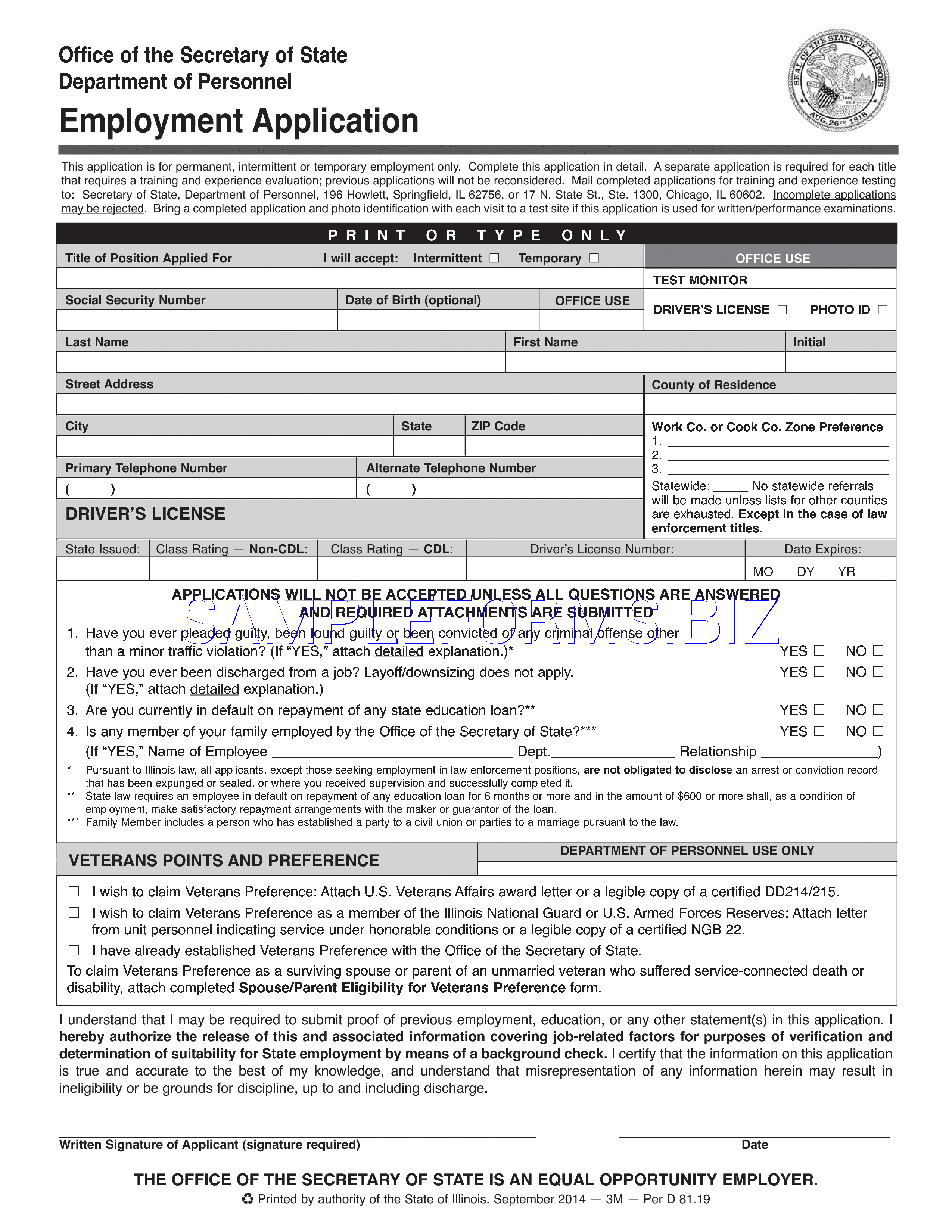 Preview free downloadable Illinois Employment Application in PDF (page 1)